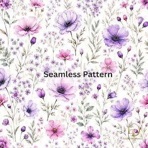 Könnte beinhalten: Ein nahtloses Muster mit Aquarell-Illustrationen von violetten und rosafarbenen Blumen, darunter Anemonen und kleine Wildblumen auf weißem Hintergrund. Der Text Seamless Pattern ist zentriert und ein Logo befindet sich in der unteren rechten Ecke.