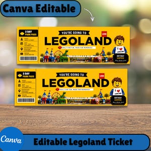 Editable Legoland Gift Ticket And Personalized Surprise Trip Ticket Printable Surprise Trip Reveal, Theme Park Gift Voucher, Editing Canva