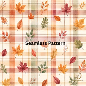 Fall Leaves Seamless Pattern, Autumn Plaid Digital Paper, Watercolor Leaf Fabric Print, Cozy Cottagecore Scrapbook Paper