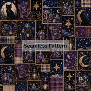 Witchy Seamless Pattern, Gothic Celestial Digital Paper, Halloween Witchcraft PNG, Mystical Patterns, Witch Seamless Pattern