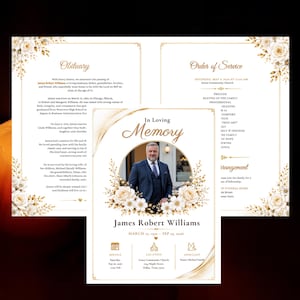 Könnte beinhalten: Eine Trauerprogramm-Vorlage mit weißem Hintergrund, goldenen Akzenten und Blumenillustrationen. Das Design enthält Abschnitte für den Nachruf, den Ablauf der Trauerfeier und einen runden Fotorahmen mit dem Text In Loving Memory.