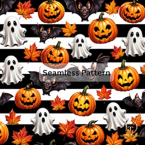 Könnte beinhalten: Ein nahtloses Muster mit orangefarbenen Kürbissen, weißen Geistern, schwarzen Fledermäusen und orangefarbenen Ahornblättern vor einem Hintergrund aus horizontalen schwarzen und weißen Streifen. Der Text Seamless Pattern ist zentriert.