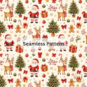 Könnte beinhalten: Ein nahtloses Muster mit Illustrationen von Weihnachtsmann, Rentieren mit roten Schals, geschmückten Weihnachtsbäumen, Lebkuchenmännern, Geschenken, roten Schleifen, Zuckerstangen und Stechpalmen auf cremefarbenem Grund mit dem Text Seamless Pattern.