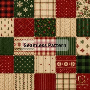 Christmas Patchwork Seamless Pattern, Quilted Christmas Digital Paper, Rustic Holiday Plaid, Christmas Fabric Pattern PNG