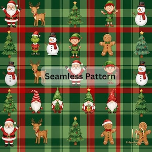 Könnte beinhalten: Ein nahtloses Muster mit Weihnachtsmotiven wie dem Weihnachtsmann, Rentieren, geschmückten Tannenbäumen, Elfen, Schneemännern, Lebkuchenmännern und Gnomen auf einem grün-roten Karomuster mit dem Text Seamless Pattern.