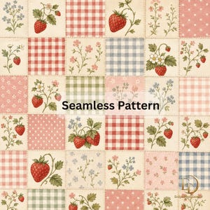 Strawberry Patchwork Seamless Pattern, Gingham Digital Paper, Vintage Cottagecore Floral Fabric Print