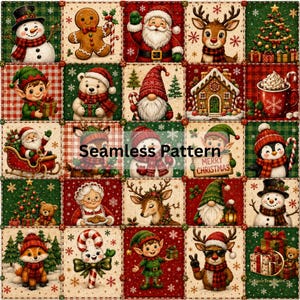 Könnte beinhalten: Ein nahtloses Muster mit einem Raster aus weihnachtlichen Illustrationen, darunter Schneemänner, Lebkuchenmänner, der Weihnachtsmann, Rentiere, Elfen, ein geschmückter Baum, ein Lebkuchenhaus, eine Kakaotasse und Geschenke auf rotem und grünem Grund.