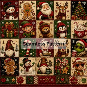 Christmas Patchwork Seamless Pattern, Vintage Christmas Digital Paper, Quilted Holiday Pattern, Santa Snowman Reindeer PNG