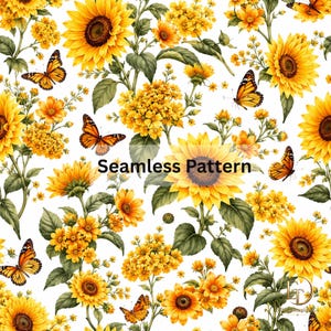 Könnte beinhalten: Ein nahtloses Muster mit leuchtend gelben Sonnenblumen und orangefarbenen Monarchfaltern auf weißem Hintergrund. Das Design enthält Gruppen kleiner gelber Blüten und grüner Blätter sowie den Text Seamless Pattern in der Mitte.