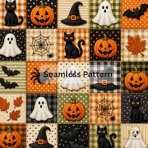 Halloween Patchwork Seamless Pattern | Vintage Halloween Digital Paper | Ghost Pumpkin Black Cat Fabric | Spooky Scrapbook Paper