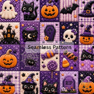 Könnte beinhalten: Ein nahtloses Muster mit Halloween-Motiven im Stepp-Stil, darunter Geister, schwarze Katzen, Kürbisse, Fledermäuse, Hexenhüte, Totenköpfe, Särge, Grabsteine, Spinnen und Süßigkeiten auf violettem und weißem Grund mit dem Text Seamless Pattern.