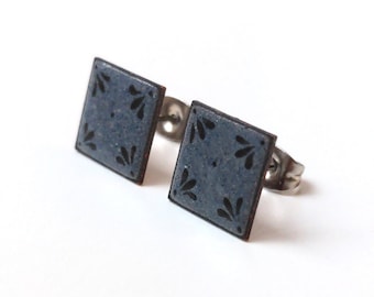 grey, square enamel stud earrings with black ornament, handmade
