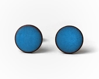 blue enamel stud earrings, handmade