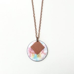 Geometric necklace of enamel and copper, colorfully marbled painted