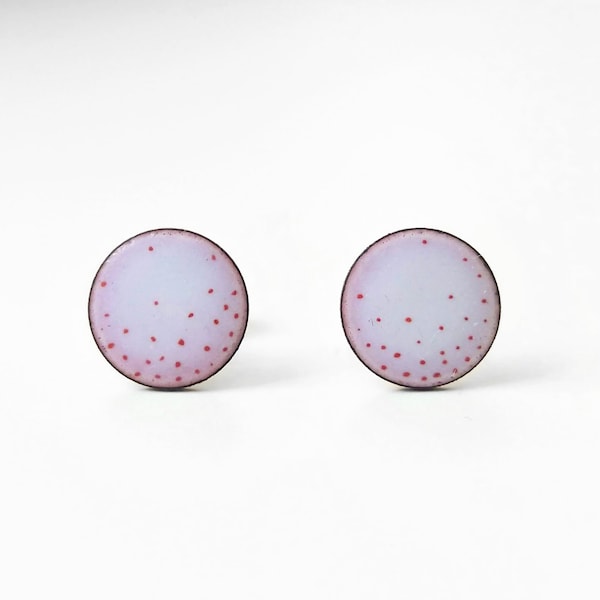 Boucles d’oreilles en émail rose-blanc-opal peintes avec des points, faites à la main