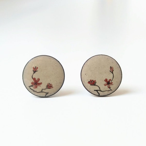 sand-colored enamel studs painted with red flowers, handmade
