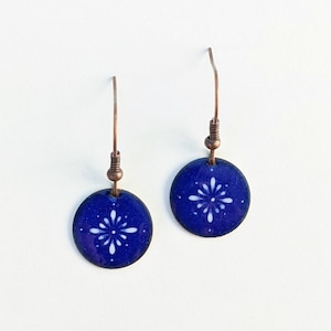 ultramarine blue enamel earrings with ornament, handmade