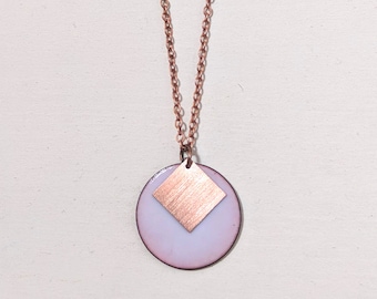 Geometric necklace in enamel and copper, pink opal white