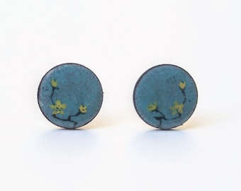 turquoise grey enamel stud earrings painted with flowers, handmade