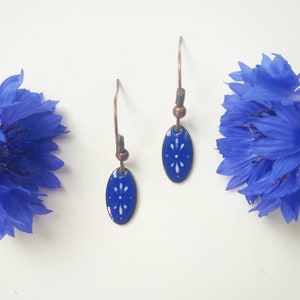 Ultramarine blue enamel earrings with ornament, handmade