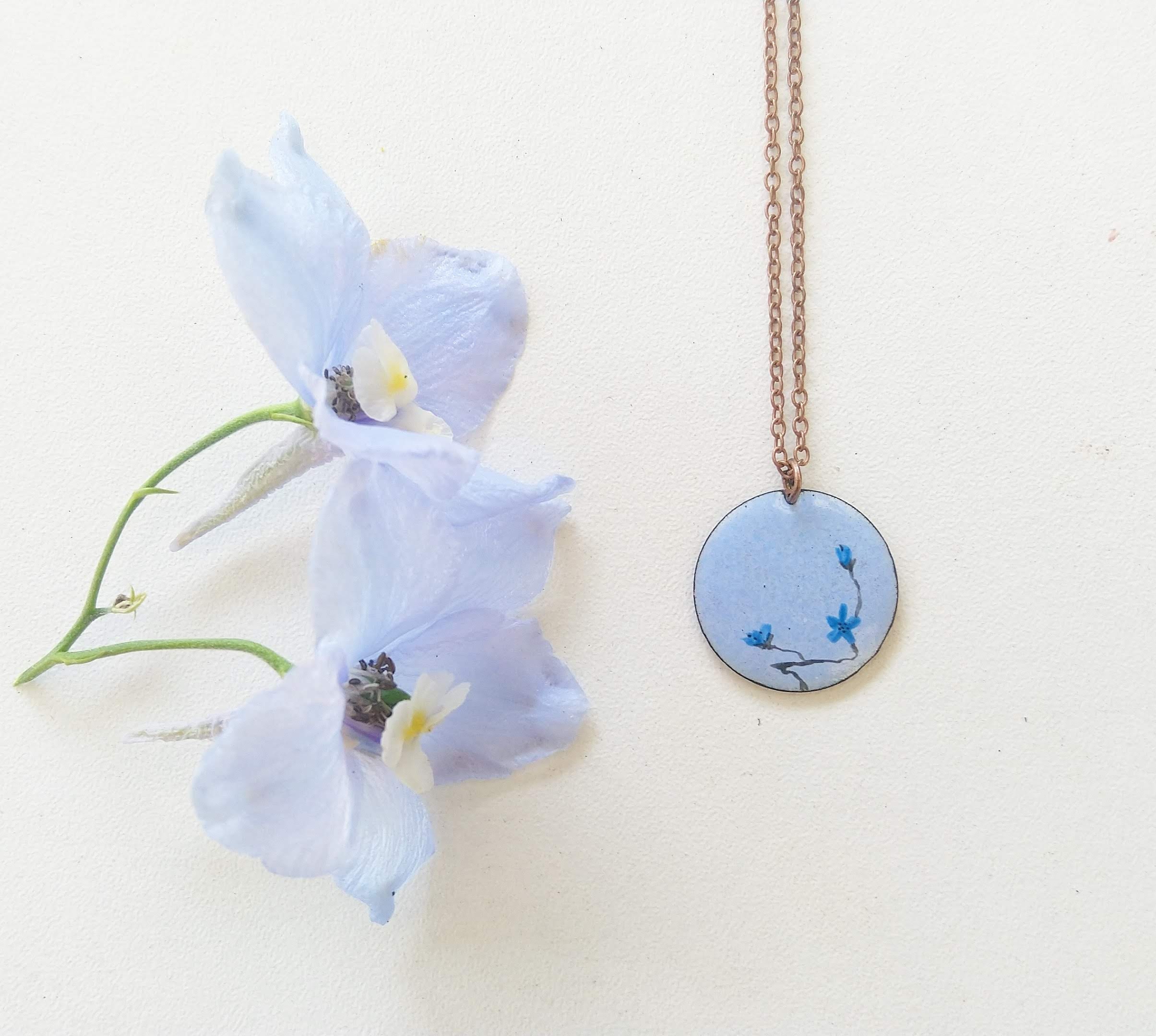 Light Blue Enamel Necklace Painted With Blue Flowers - Etsy