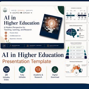 May include: A digital presentation template titled AI in Higher Education featuring 20 editable slides. The design includes dark blue and white layouts with charts, diagrams, and icons related to academic research, teaching, and learning technology.