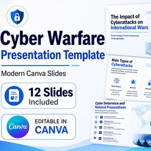 May include: A digital presentation template titled Cyber Warfare Presentation Template with 12 slides included. The design features blue and white graphics, a shield icon with a lock, and text detailing cyberattacks, deterrence, and preparedness.