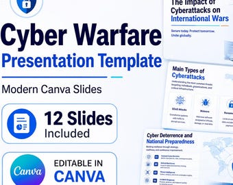 Modelo de Apresentação sobre Guerra Cibernética | Apresentação de Segurança Cibernética Editável com 12 Slides | Conflito Internacional, Ataques Cibernéticos e Estratégia de Defesa