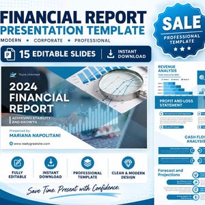 Puede incluir: Una plantilla de presentación de informe financiero digital con 15 diapositivas editables. El diseño utiliza tonos azules y blancos con texto que incluye 2024 FINANCIAL REPORT, ACHIEVING STABILITY AND GROWTH, y secciones de análisis financiero.
