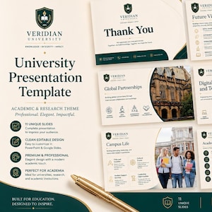 May include: A university presentation template featuring a cream and dark green color scheme with the Veridian University logo. The layout includes multiple slides displaying academic themes, text, icons, and photography of students and campus life.