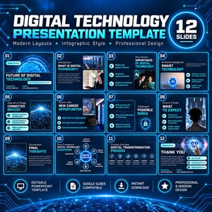 Digital Technology Presentation Template | 12 Slide Tech Pitch Deck | Modern Business PowerPoint | Blue Canva