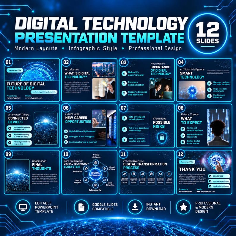 Modelo de apresentação de tecnologia digital | Apresentação de tecnologia com 12 slides | PowerPoint moderno para negócios | Canva azul imagem 1