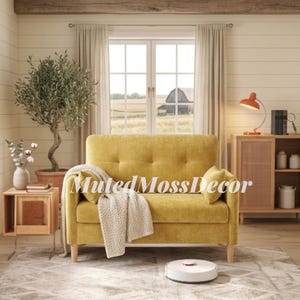 Small Japandi Sofa Couch for Bedroom, Soft Chenille Loveseat Mini Couch with Throw Pillows, Compact Living Room Apartment Dorm Sofa