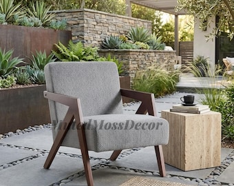 Mid Century Modern Accent Chair with Wood Frame, Upholstered Linen Reading Armchair, Cozy Bedroom Living Room Lounge Chair for Apartment