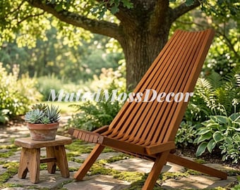 Wooden Folding Tamarack Chair, Acacia Wood Low Profile Adirondack Lounge Chair, Chestnut Outdoor Folding Chairs for Patio Pool Deck