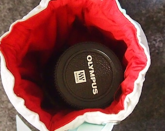 DSLR camera lens Cozy..Bag..Pouch..Fits Nikon Canon Olympus and others..3 size options.. Made in U.S.A. Drawstring lens bag