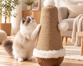 Rascador para gatos con forma de gorro navideño: Torre de juguetes de sisal con ribete de felpa y pompones.