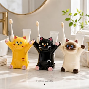Ceramic Siamese Cat Toothbrush Holder, Cute Bathroom Organizer, Toothpaste Storage, Cat Lover Gift, Kawaii Vanity Decor