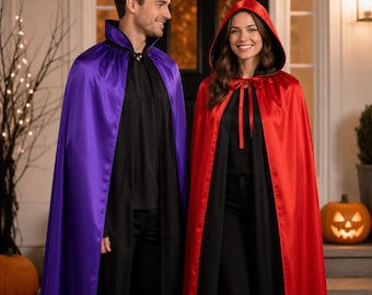 Reversible Satin Halloween Cape, Gothic Vampire Witch Cosplay (Red/Black or Purple/Black)