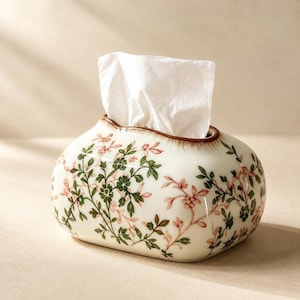 May include: A white ceramic tissue box cover with a rounded, oblong shape, featuring a delicate botanical pattern of green leaves and pink flowers. A single white paper tissue is pulled through the top opening of the container.