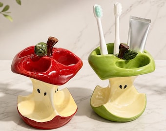 Apple Core Ceramic Toothbrush Holder, Fruit Bathroom Organizer, Glazed Red Green Apple