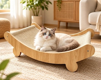 Curved Sisal Cat Scratcher Lounge Bed: Wooden Frame, Resting Hammock (2 Sizes)