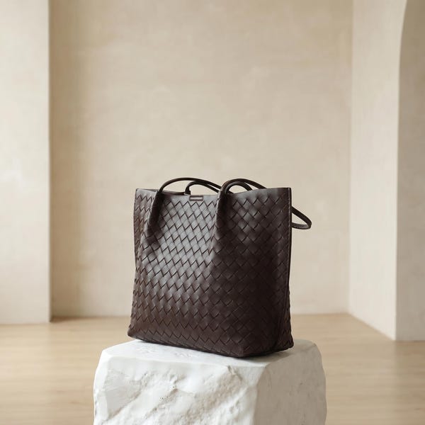 Leather Woven Tote Basket-Weave Shoulder Handbag Minimalist Shopper Large Capacity Satchel