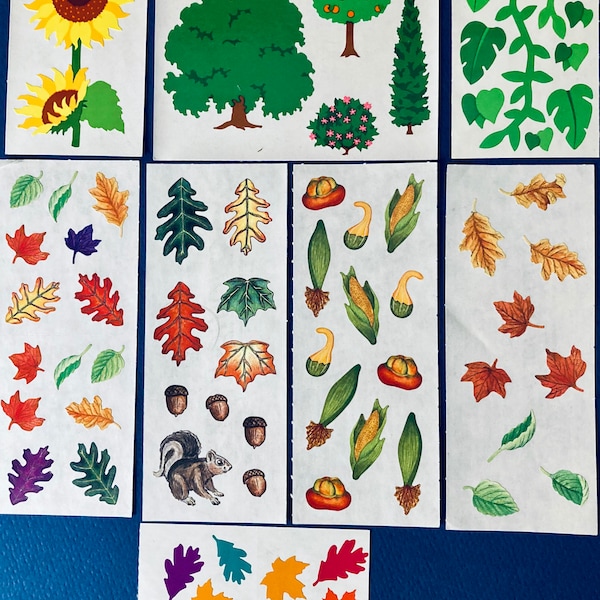 Trees, leaves, vegetation, sunflower, fall colors, gourds, vintage stickers, Mrs Grossman, Creative Memories