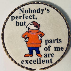 May include: A round pinback button featuring a cartoon character wearing an orange sweater and blue pants. The text reads, "Nobody's perfect, but parts of me are excellent." The button has a metallic, twisted rope-style border in a gold tone.