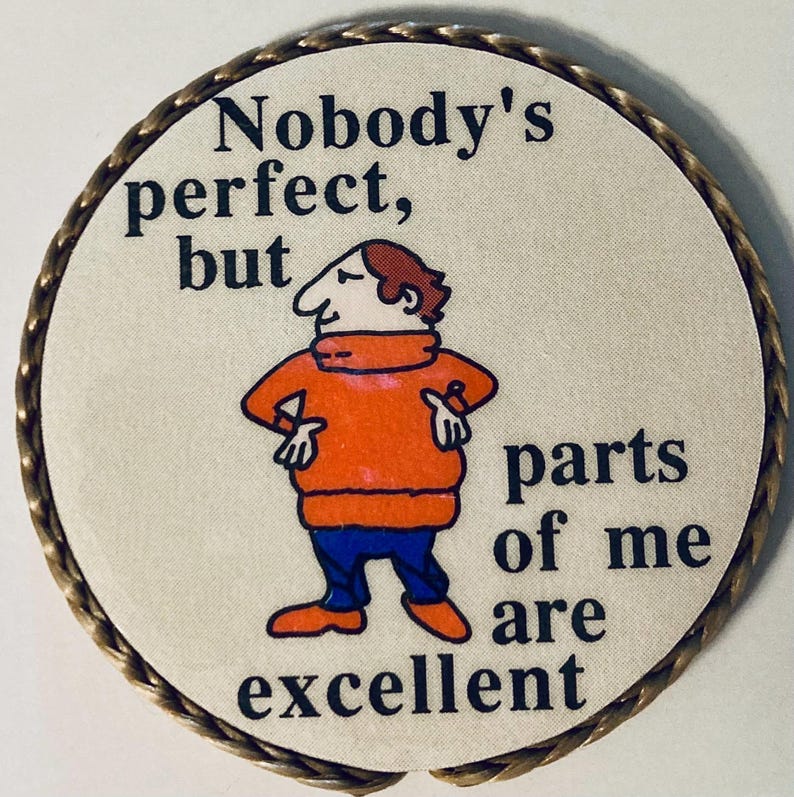 May include: A round pinback button featuring a cartoon character wearing an orange sweater and blue pants. The text reads, "Nobody's perfect, but parts of me are excellent." The button has a metallic, twisted rope-style border in a gold tone.
