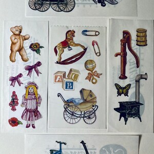 Old Fashioned Plane, Buggy, Wagon, Doll & more vintage stickers. Rocking horse, hand water pump, trike, teddy bear