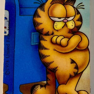 Pu&ograve; includere: Un adesivo vintage di Garfield con il gatto dei cartoni animati appoggiato a una cassetta delle lettere blu. Garfield &egrave; arancione con strisce nere e un'espressione scontrosa. L'adesivo presenta il testo "&copy;1978 United Feature Syndicate, Inc." e "JIM DAVIS".