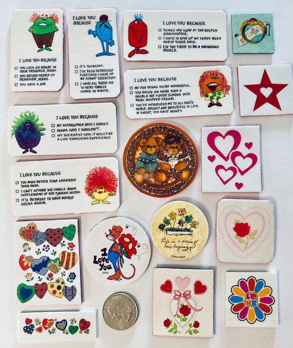 Love theme vintage handmade magnets, Marvin, hearts,I Love You,Lucy Rigg Bears, -1980’s vintage unique magnets