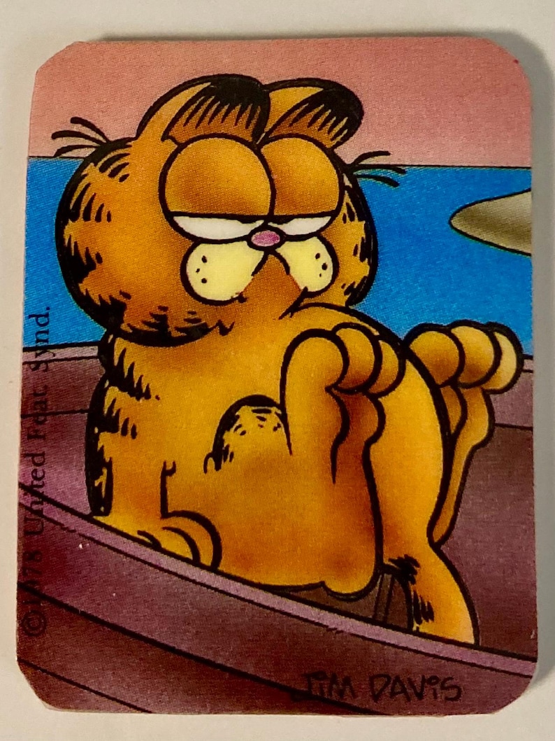 Pu&ograve; includere: Immagine rettangolare di Garfield, il gatto dei cartoni animati, in una barca, con sfondo rosa e acqua blu. Garfield &egrave; arancione con strisce nere. L'immagine include il testo "&copy; 1978 United Feature Synd." e "JIM DAVIS".